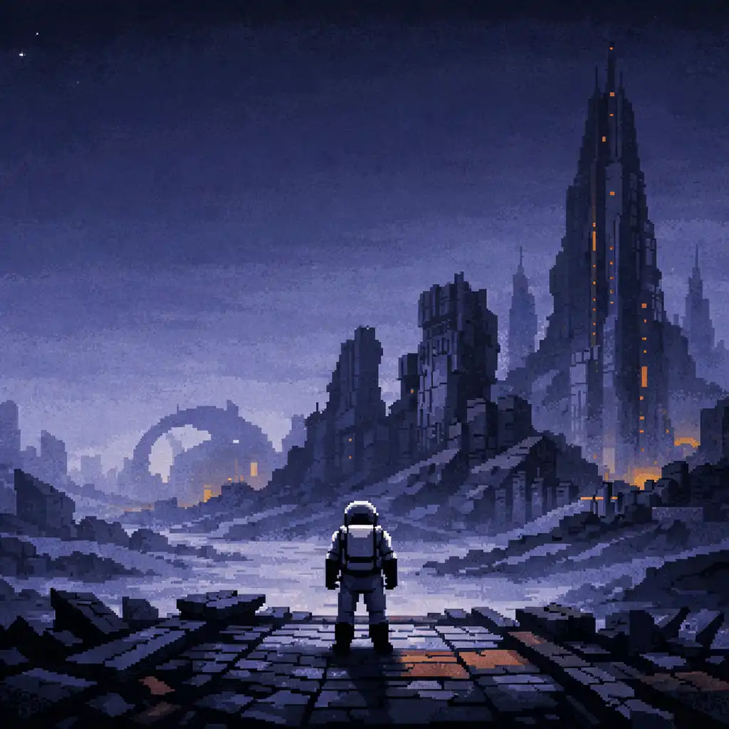 Pixel-art elhagyott idegen táj romokkal és távoli asztronautával