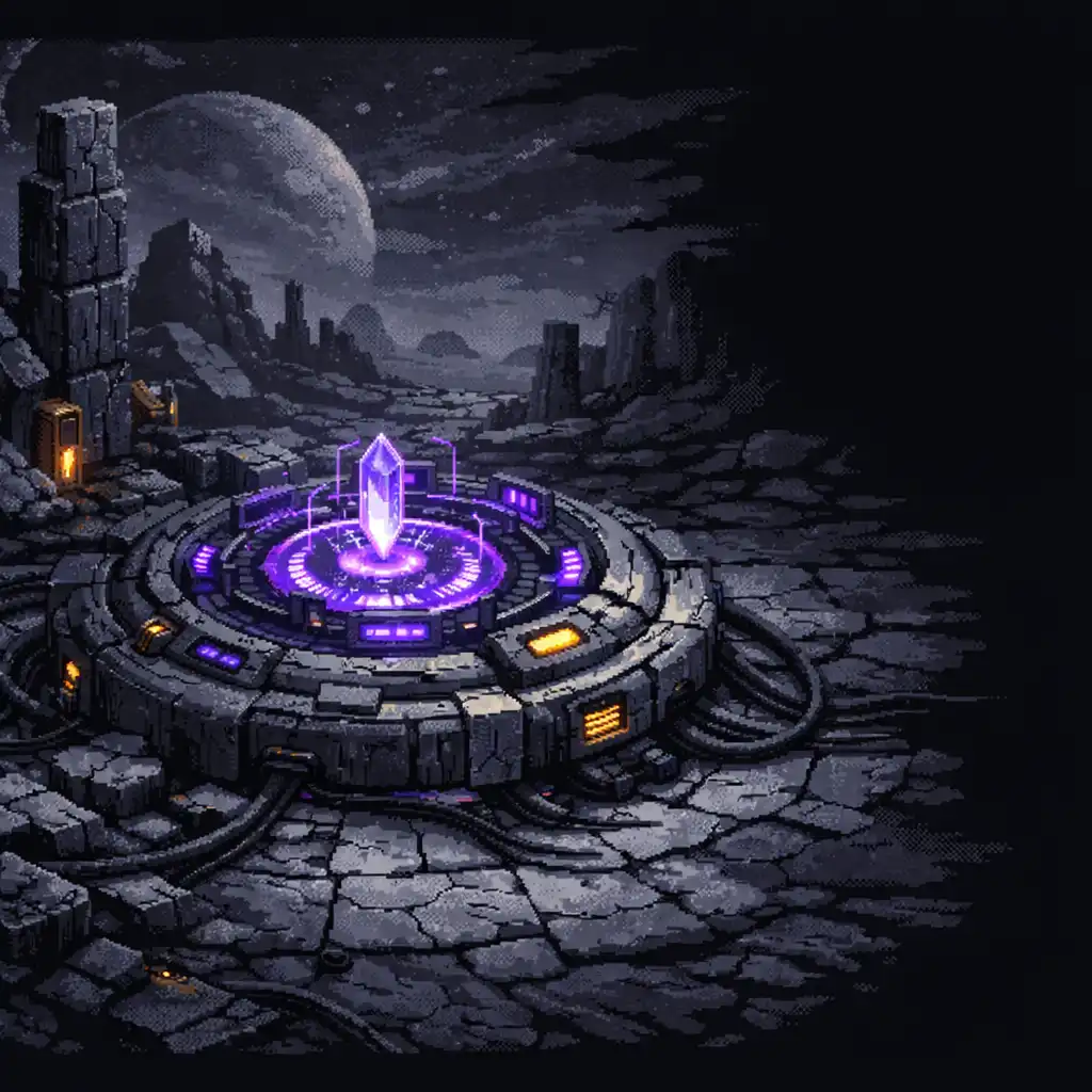 Pixel-art rommező kopott kör alakú idegen gépezettel és halvány lila fénnyel
