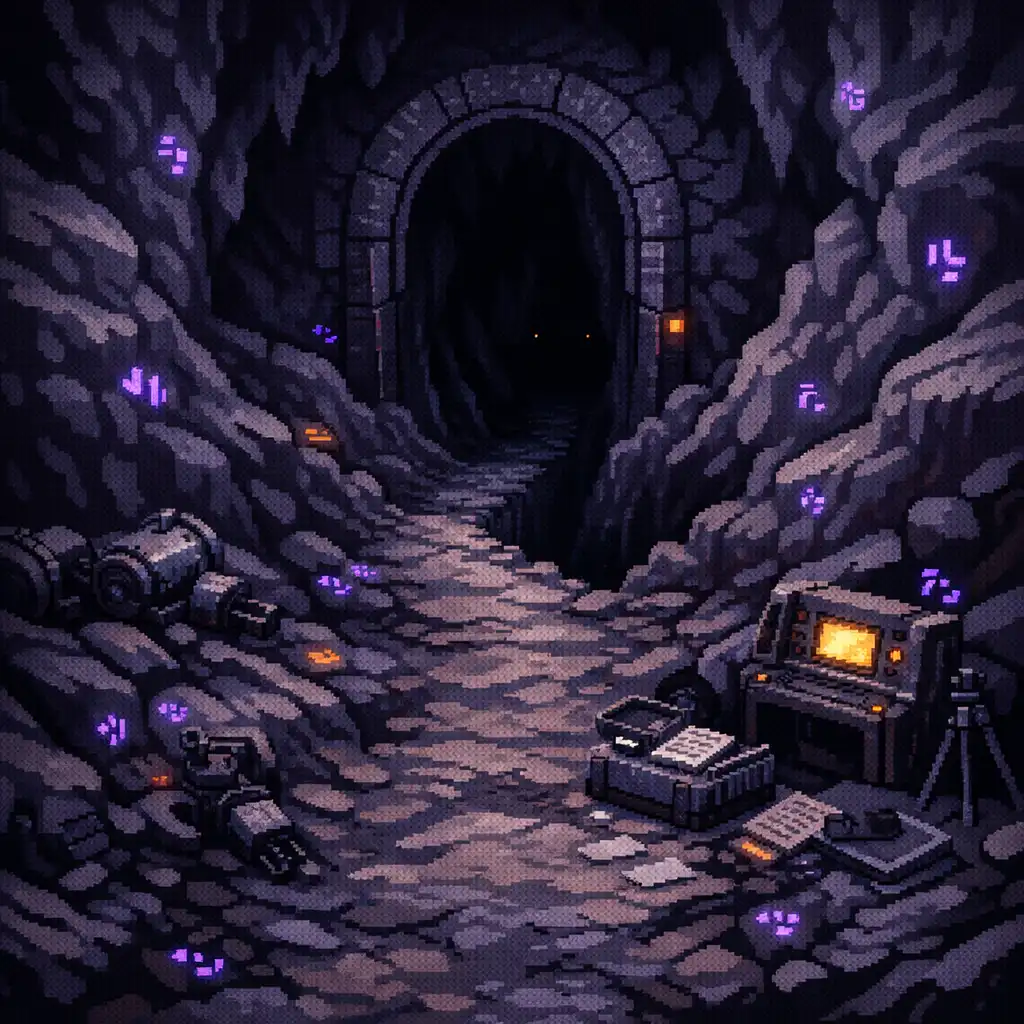 Pixel-art sötét idegen barlang fénylő lila jelekkel és keskeny ösvénnyel